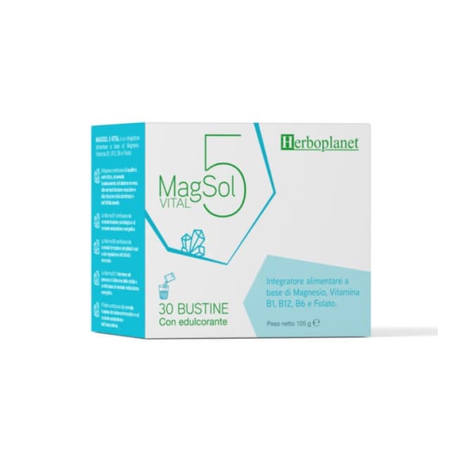 Magnesio 225 mg + Complejo de vitamina B – 30 sobres | Herboplanet Magsol 5 Vital
