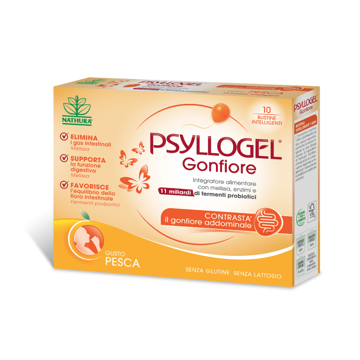Psyllogel Gonfiore – Probióticos con bacterias lácticas y melisa – 10 sobres de melocotón