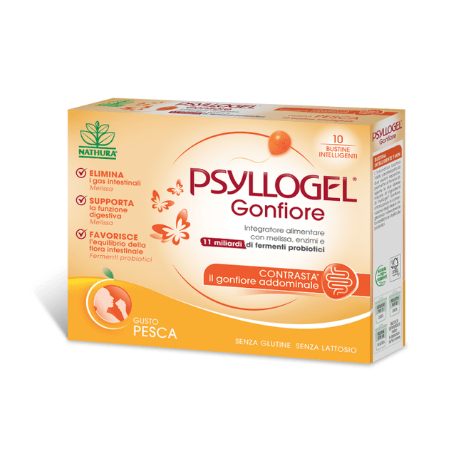 Psyllogel Gonfiore – Probióticos con bacterias lácticas y melisa – 10 sobres de melocotón